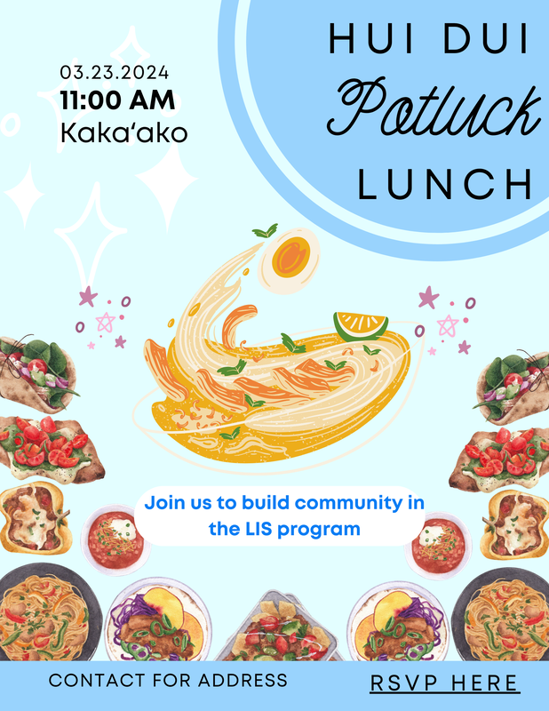Flyer for the Hui Dui potluck lunch on March 23, 2024 at 11am in Kaka'ako